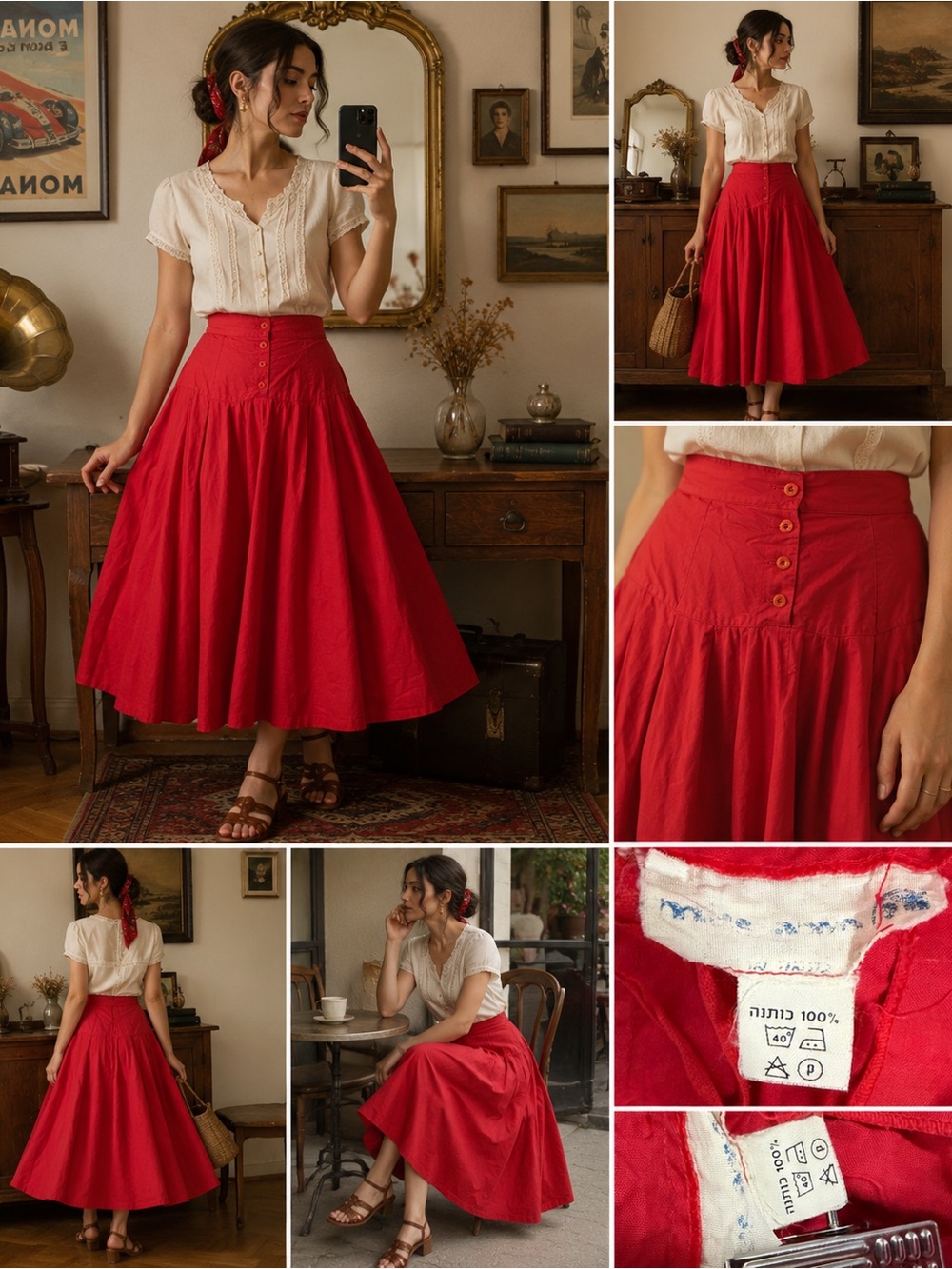 Vintage Red 100% Cotton High-Waisted Full Midi Skirt Button Front